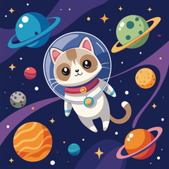 Naklejka premium Space Cat Floating Among Planets and Stars in Outer Space Vector Illustration