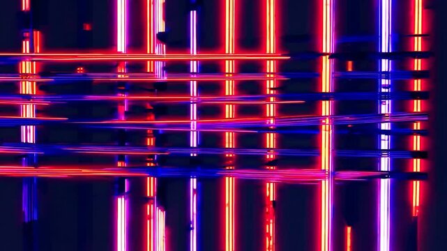 Abstract neon grid pattern forming a vibrant backdrop with intersecting lines and glowing lights, creating dynamic visual effects and a captivating atmosphere - Powered by Adobe