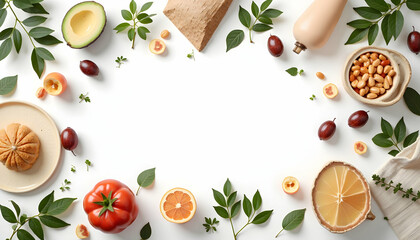 Fresh Fruits and Vegetables Composition on White Background