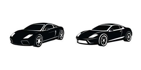 Minimal depiction of a compact sports car in three-quarter perspective speeding Silhouette on White Background