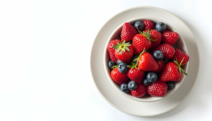 Fresh Strawberries and Blueberries in a Bowl on a White Background