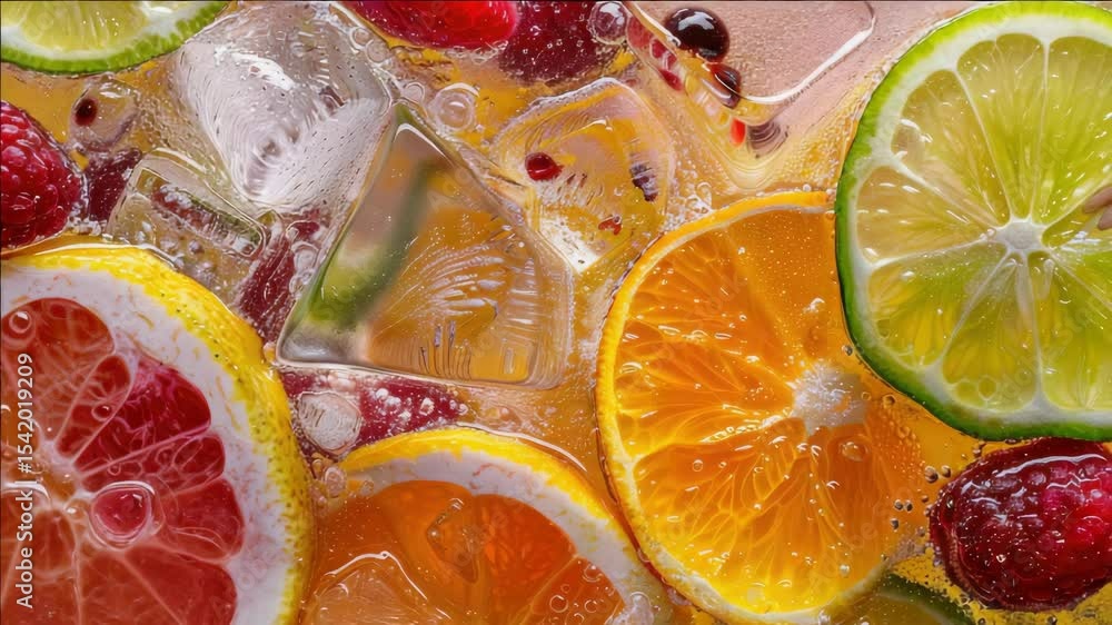 Aufkleber a colorful fruit salad with ice cubes and raspberries. concept of freshness and vibrancy, as the var