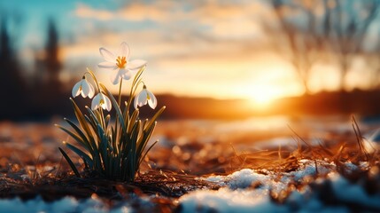A serene image of snowdrops emerging through the snow at sunset, symbolizing resilience, renewal, and the beauty of nature, evoking a sense of peace and hope during winter.