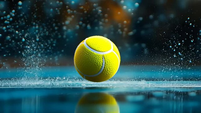 Wet tennis ball bouncing on a water surface, creating a splash. Dynamic sport concept with liquid motion and falling droplets footage.