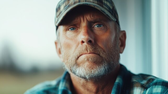 A middle-aged man with a thoughtful expression stares contemplatively, showcasing wisdom, experience, and a reflective moment in a calm setting, embodying life's journey.