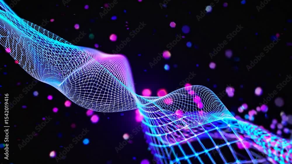 Poster luminous particles swirling dynamically around glowing interconnected mesh, generating mesmerizing v