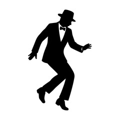 Silhouette of man dancing in suit and hat vector illustration isolated on white background