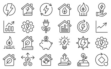 Fototapeta premium “25 Energy, Home & Sustainability Icons – Minimalist Black and White Line Art Set with Eco-Friendly Symbols”