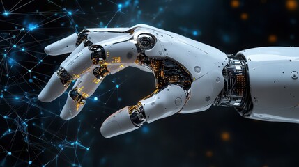 Human and robot hands touching over big data network, AI and machine learning technology innovation with futuristic sci-fi connection concept
