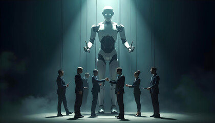 Giant humanoid robot manipulating businesspeople as puppets symbolizing AI control and corporate dependence AI Agent AGI ASI Job Replacement Unemployment