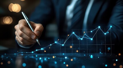 Business professional drawing growth chart analyzing financial investment data, strategic planning on blue background