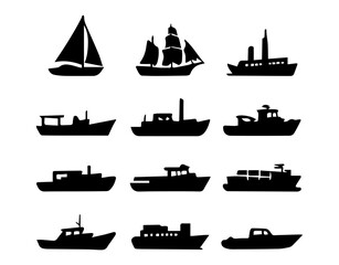 Boats ships silhouettes vector set illustration maritime transport collection nautical marine vessel graphic