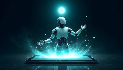 Futuristic humanoid robot emerging from digital tablet in glowing cyberspace environment