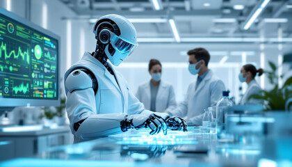 Advanced humanoid robot conducting digital analysis in futuristic medical research lab