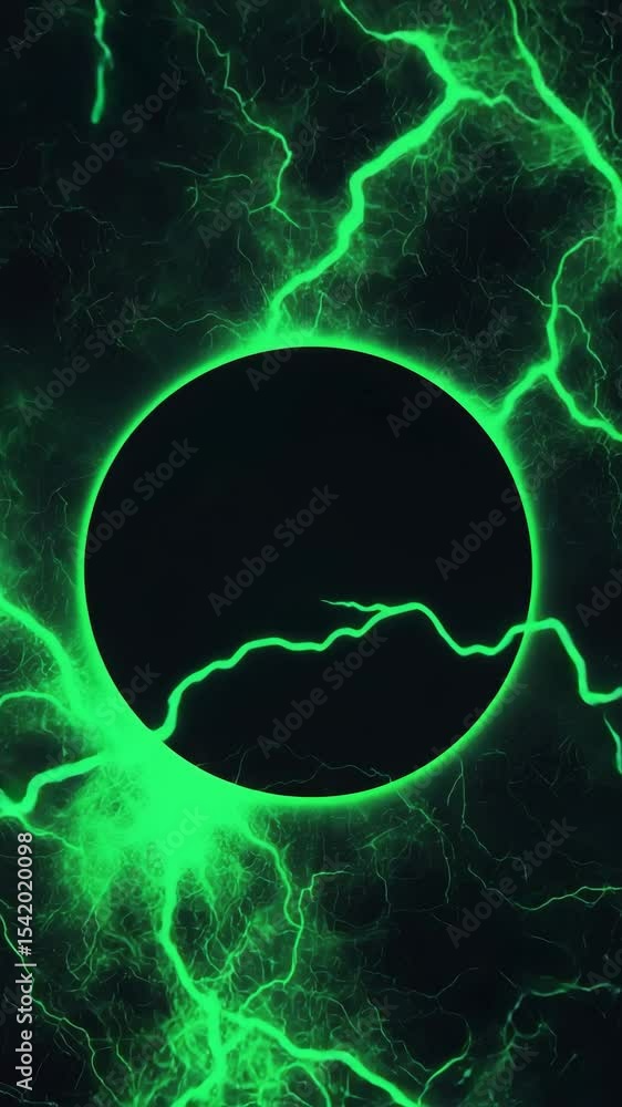 Poster green electric arcs are moving and flashing around a black circular shape over a dark background, cr