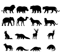 Animal silhouettes collection lion tiger elephant bear deer camel dog vector graphic design illustration