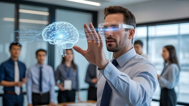 Man using augmented reality glasses to interact with AI brain interface during tech business meeting AI Agent AGI ASI