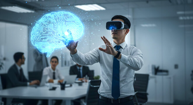 Man using augmented reality glasses to interact with AI brain interface during tech business meeting AI Agent AGI ASI