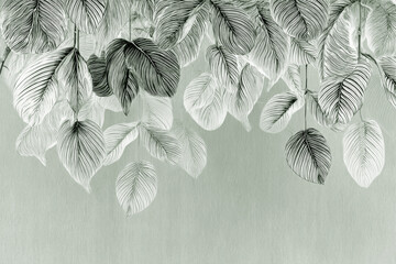 Boho wallpaper, vintage botanical illustration of tropical leaves