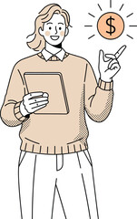 Successful Businesswoman Pointing to a Dollar Sign Achievement and Financial Success Illustration. Hand drawn style vector design illustrations.