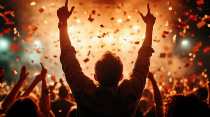 A lively crowd erupts in celebration, hands lifted high in excitement amidst a colorful and energetic atmosphere, capturing the pure joy and unity of a thrilling live music experience.