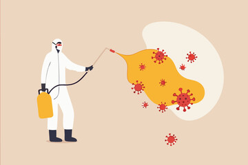 COVID-19 Coronavirus disinfect, clean and kill virus pathogen prevent outbreak spreading concept, worker with protective gear spray the cleaning sanitize chemical to disinfect COVID-19 virus pathogen