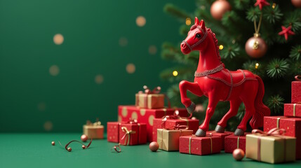 Christmas Red Horse Figurine with Gift Boxes on Christmas festive background