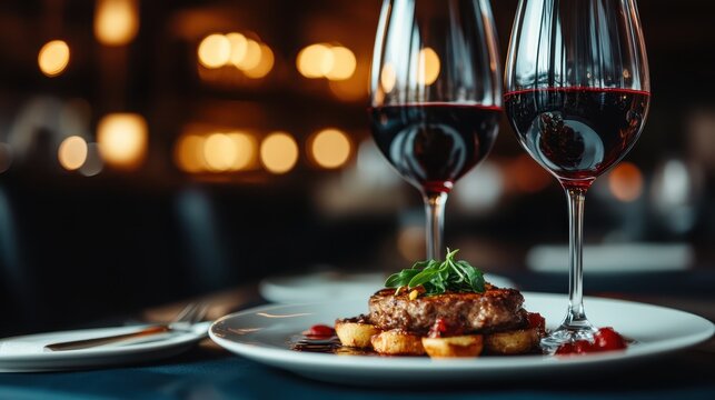 An elegant dinner setting showcases a gourmet dish paired with fine wine, evoking sophistication and indulgence, perfect for a romantic evening or a sumptuous culinary experience.