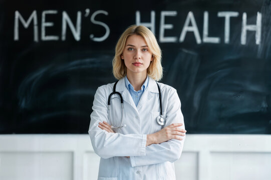 urologist standing near mens health words medical exam to prevent prostatitis concept ur&oacute;logo de pie cerca de mens salud palabras examen m&eacute;dico para prevenir la prostatitis concepto