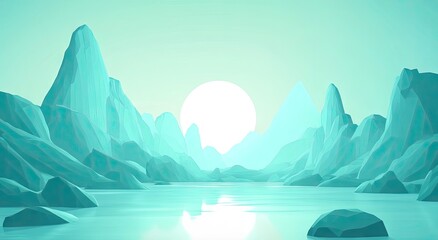 A serene, pastel-colored landscape of low-poly mountains reflecting on a calm teal lake.