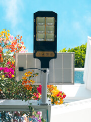 Outdoor solar lights with motion sensor and remote control, installed near the parking lot, surrounded by flower bushes. Energy efficient lighting for safety and convenience