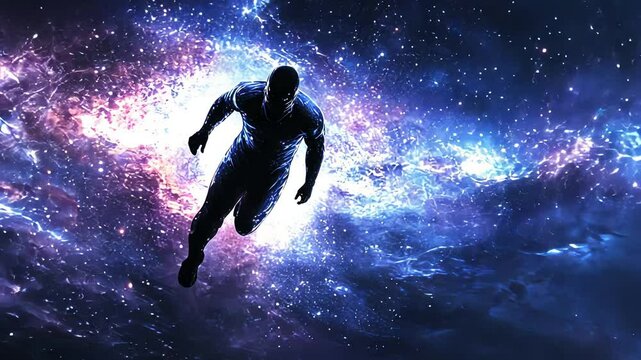 Abstract man floating in dark night sky full of shining stars. Spiritual journey or otherworldly experience. Cosmic meditation concept video.