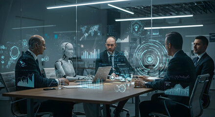 AI‑augmented corporate meeting with humanoid robot and executives collaborating over data analytics