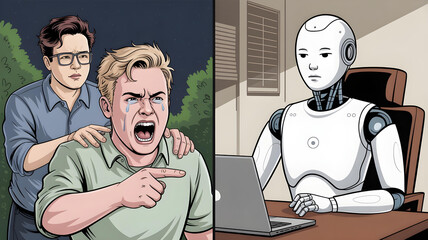 Horrified humans react emotionally while sad bored arrogant robot faces screen in comic AI meme scene