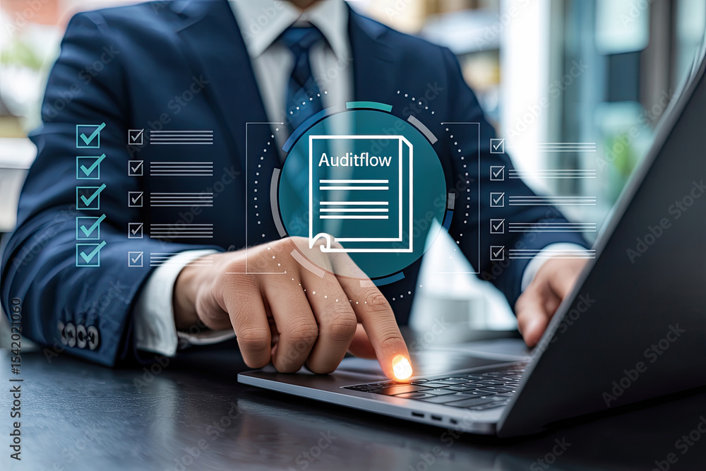 Poster businessman using laptop with auditflow software interface showing checklist and document management