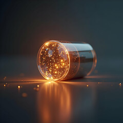 Glowing Glass Cylinder with Illuminated Particles on Dark Background