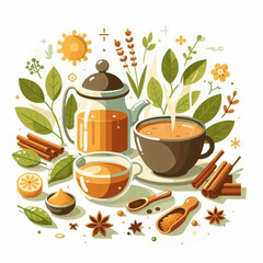 A still life showing tea cinnamon sticks anise stars lemon and other spices