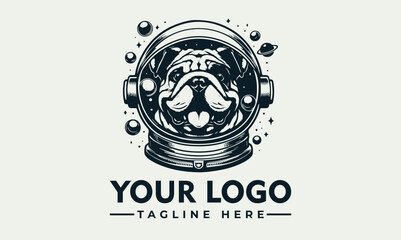 A charming pug dog's face peeks from within a vintage-style astronaut helmet, surrounded by space elements, forming a logo design.
