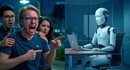 Angry IT Tech humans screaming at confused bored robot using laptop in hilarious AI misunderstanding