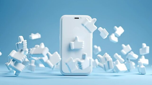 Smartphone Surrounded by Floating Thumbs up Icons in Blue Background Generative AI
