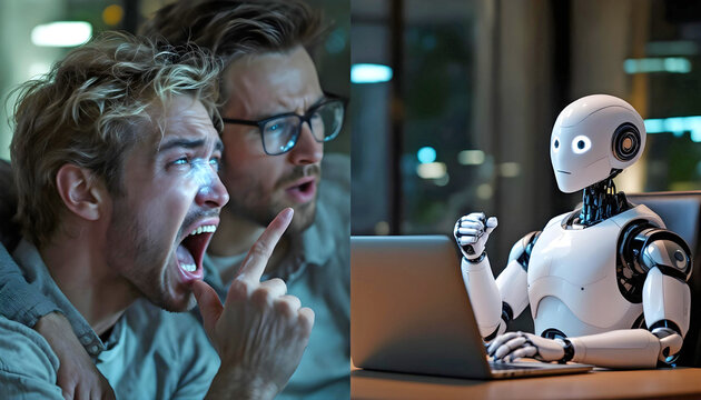 Angry IT Tech humans screaming at confused bored robot using laptop in hilarious AI misunderstanding