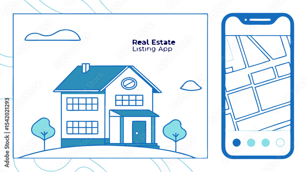 Aufkleber illustration of a house with trees and clouds next to a phone displaying a map application interface