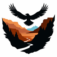 Eagle soaring over canyon landscape, black silhouette white background