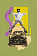 Vertical zine trendy photo collage of happy girl guy stand retro typewriter machine novel writing library fiction storytelling