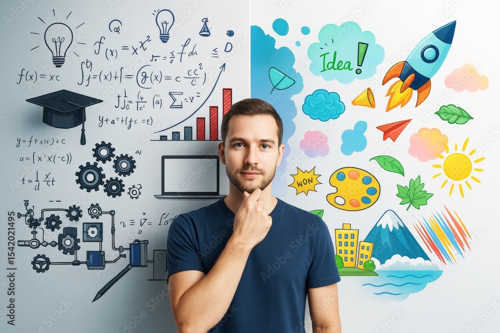 Poster creative and analytical thinking concept with a thoughtful person standing between artistic imaginat