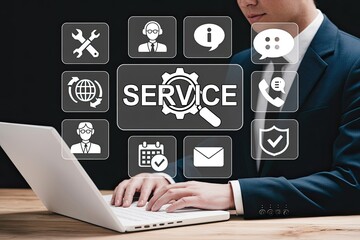 Businessman using laptop with service icons and customer support concept