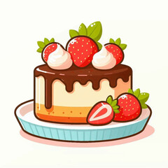 A strawberry shortcake sits on a light blue plate adorned with chocolate drizzle and fresh strawberries