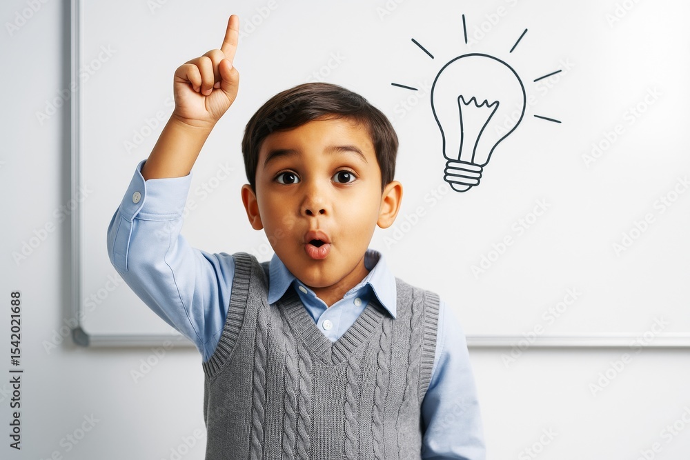 Aufkleber Surprised young boy pointing upward with light bulb sketch symbolizing idea on white background in classroom setting. Ai generative.