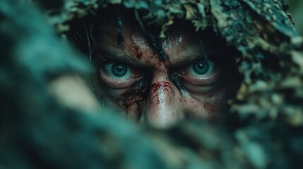 A close-up of a person's intense gaze peering through camouflage foliage, conveying a sense of stealth, mystery, and survival in a natural setting.
