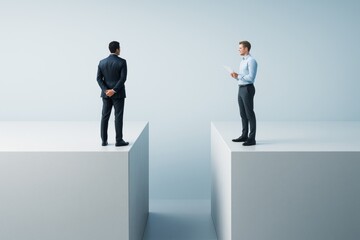Two business people standing on separate platforms facing each other over a gap against a light minimal background, symbolizing communication challenges.